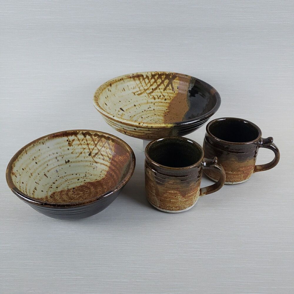 Vintage Studio Art Pottery 2 Mugs & 2 Bowls Stoneware Drip Glaze Signed Rustic